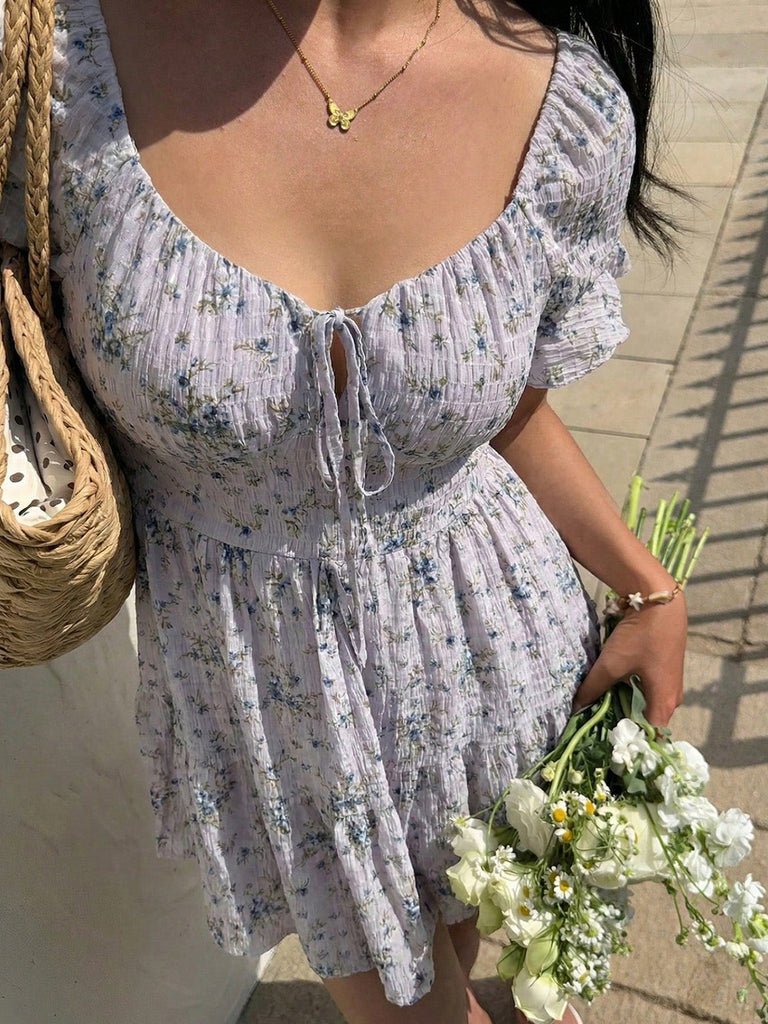 1950s Floral Square Neck Ruffle Dress 12