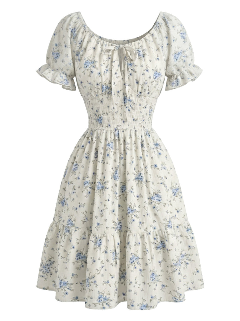 1950s Floral Square Neck Ruffle Dress