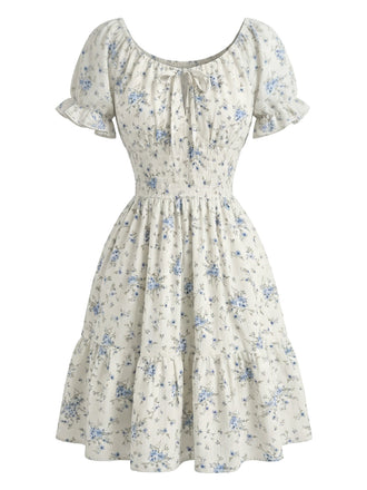 1950s Floral Square Neck Ruffle Dress
