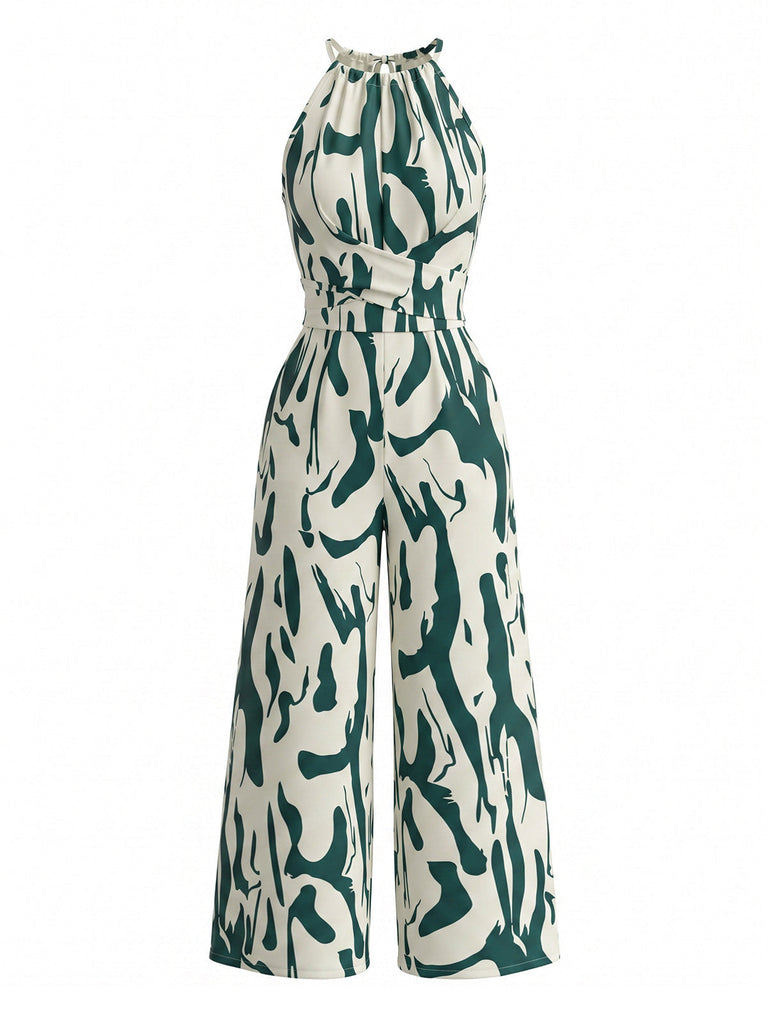 Green 1950s Floral Halter Vintage Jumpsuit