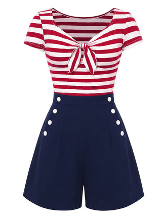 Roter 50er Sailor Maritim Romper mit Vorderbindung und Streifen