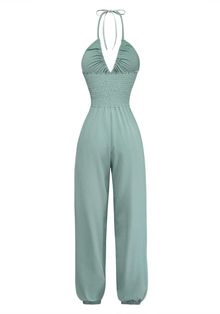 70er Jumpsuit mit V-Ausschnitt und Neckholder