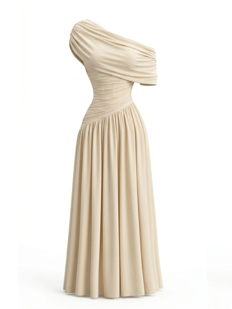 70er One-Shoulder Kleid mit Wickelausschnitt und Raffung