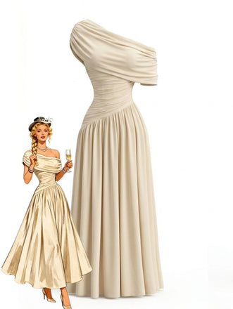 70er One-Shoulder Kleid mit Wickelausschnitt und Raffung