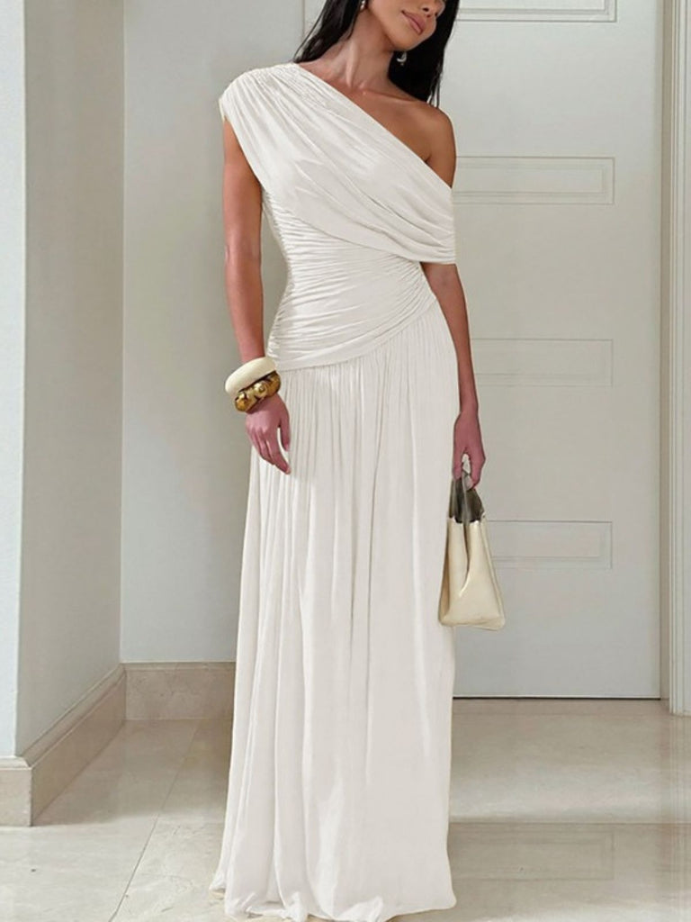 70er One-Shoulder Kleid mit Wickelausschnitt und Raffung