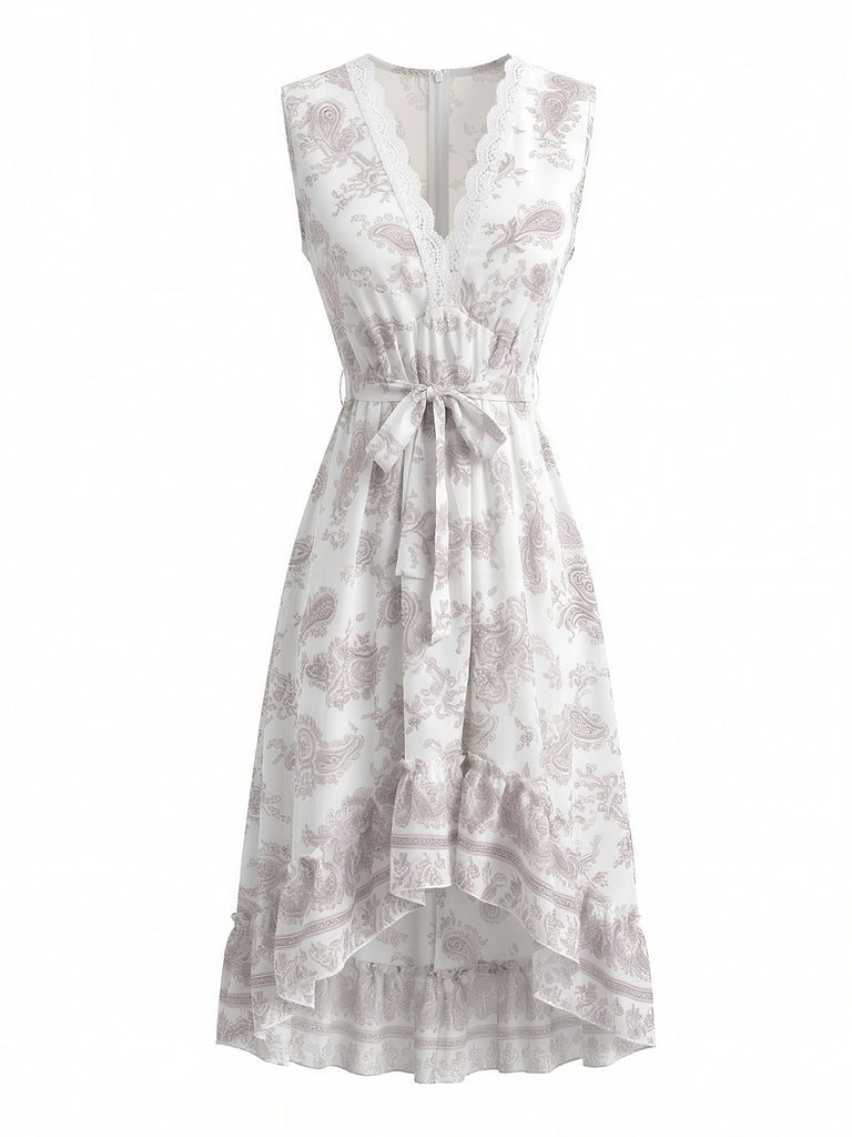 Weißes 70er Kleid mit V-Ausschnitt und Print