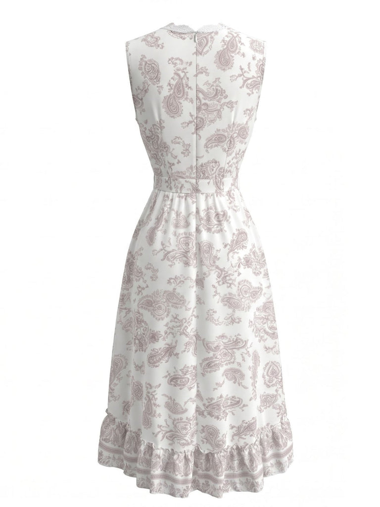 Weißes 70er Kleid mit V-Ausschnitt und Print