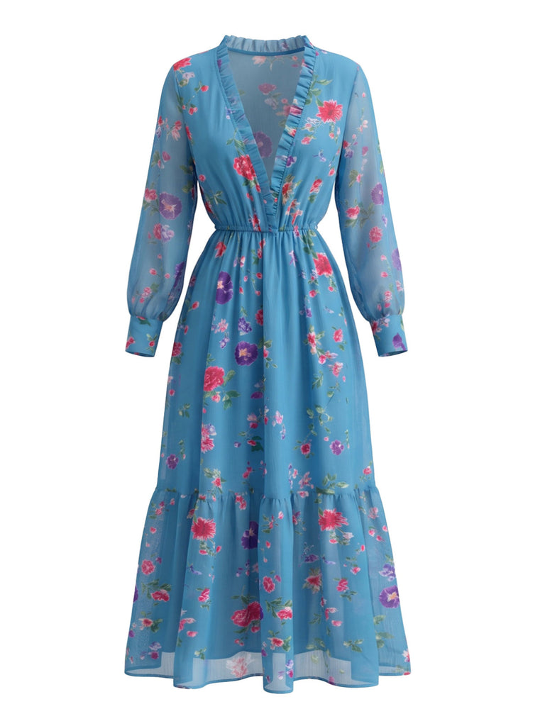 Blaues 70er Boho-Maxikleid mit Blumen und Rüschen-V-Ausschnitt