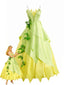 Grünes 30er Feenkleid mit mehrlagigem Saum und Blätter-Design