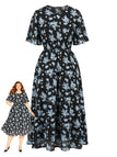 [Übergröße] Schwarzes & Blaues 60er Swingkleid mit Blumen und Kurzarm