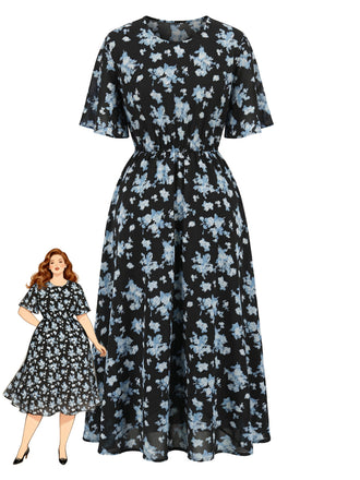 [Übergröße] Schwarzes & Blaues 60er Swingkleid mit Blumen und Kurzarm