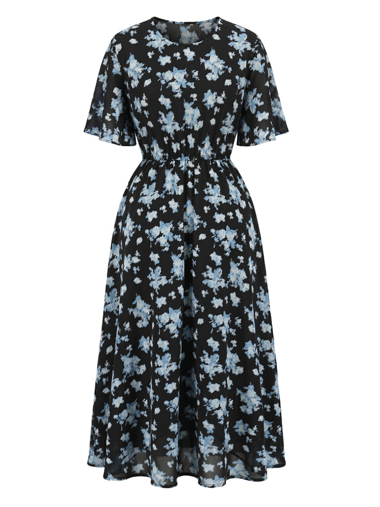 [Übergröße] Schwarzes & Blaues 60er Swingkleid mit Blumen und Kurzarm