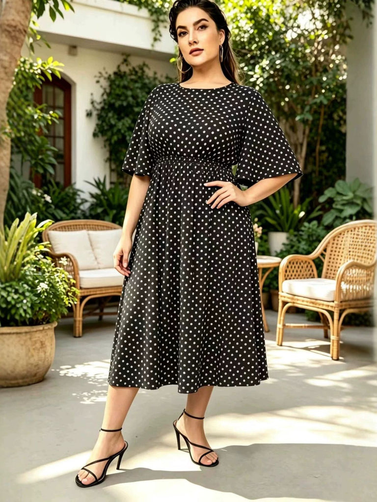[Übergröße] Schwarzes 60er Midikleid mit Polka-Dots und Runden