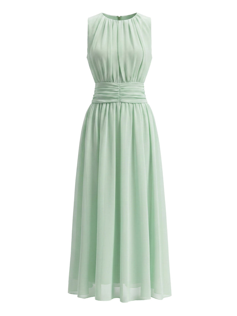 Grünes 40er Chiffon-Midikleid mit Rundhalsausschnitt