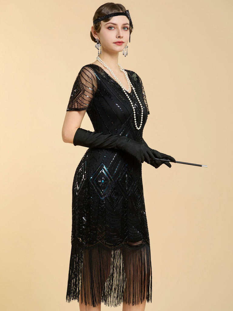 20er Gatsby Kleid mit Perlenfransen und Pailletten