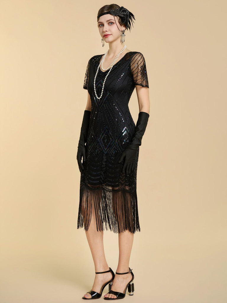 20er Gatsby Kleid mit Perlenfransen und Pailletten