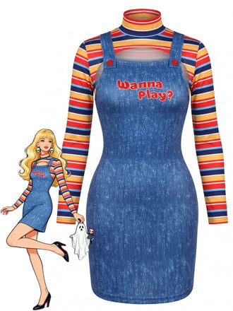 60er Kleid mit Hoher Ausschnitt und Streifen