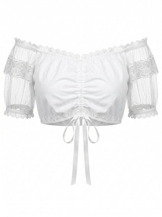 Weisses 50er Crop-Top mit Spitze und Puffärmeln