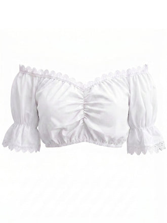 Weisses 50er Crop-Top mit Carmen-Ausschnitt und Spitze