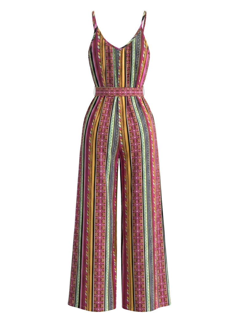 Mehrfarbiger 70er Boho Jumpsuit mit Streifen und Gürtel
