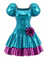 [Vorverkauf] Blaues 80er Metallic-Kleid mit 3D-Blume und Stufensaum