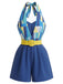 Blauer 70er Romper mit Farbblock und Neckholder