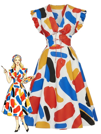 60er Swingkleid mit Rüschen und Print