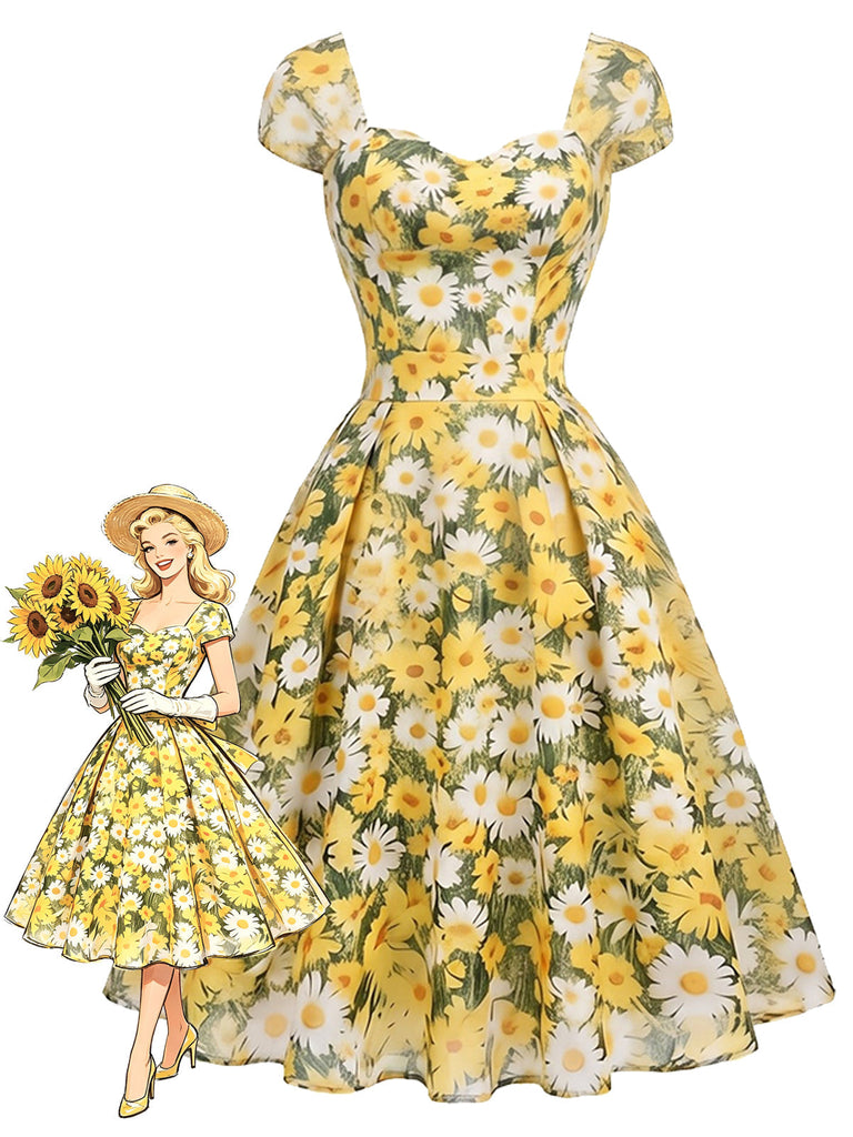 Gelbes 50er Swingkleid mit Herzausschnitt und Blumen