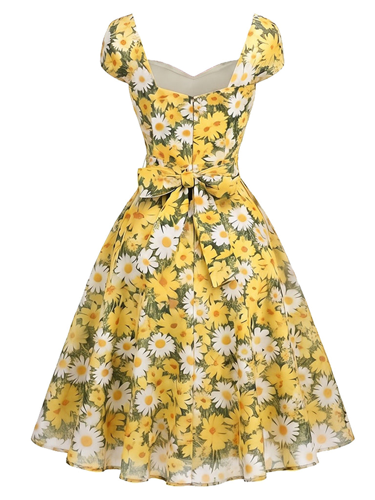Gelbes 50er Swingkleid mit Herzausschnitt und Blumen