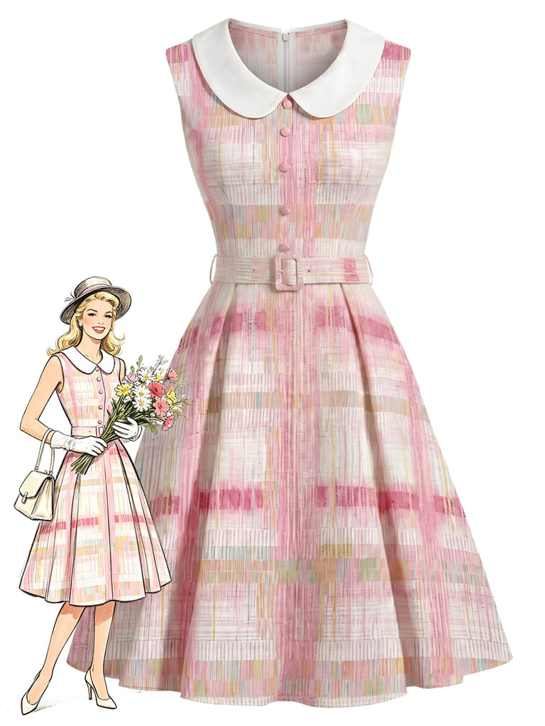 Rosa 50er Ärmelloses Kleid mit Peter-Pan-Kragen und Karo