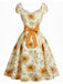 Orange 50er Kleid mit Sonnenblumen und Herzausschnitt