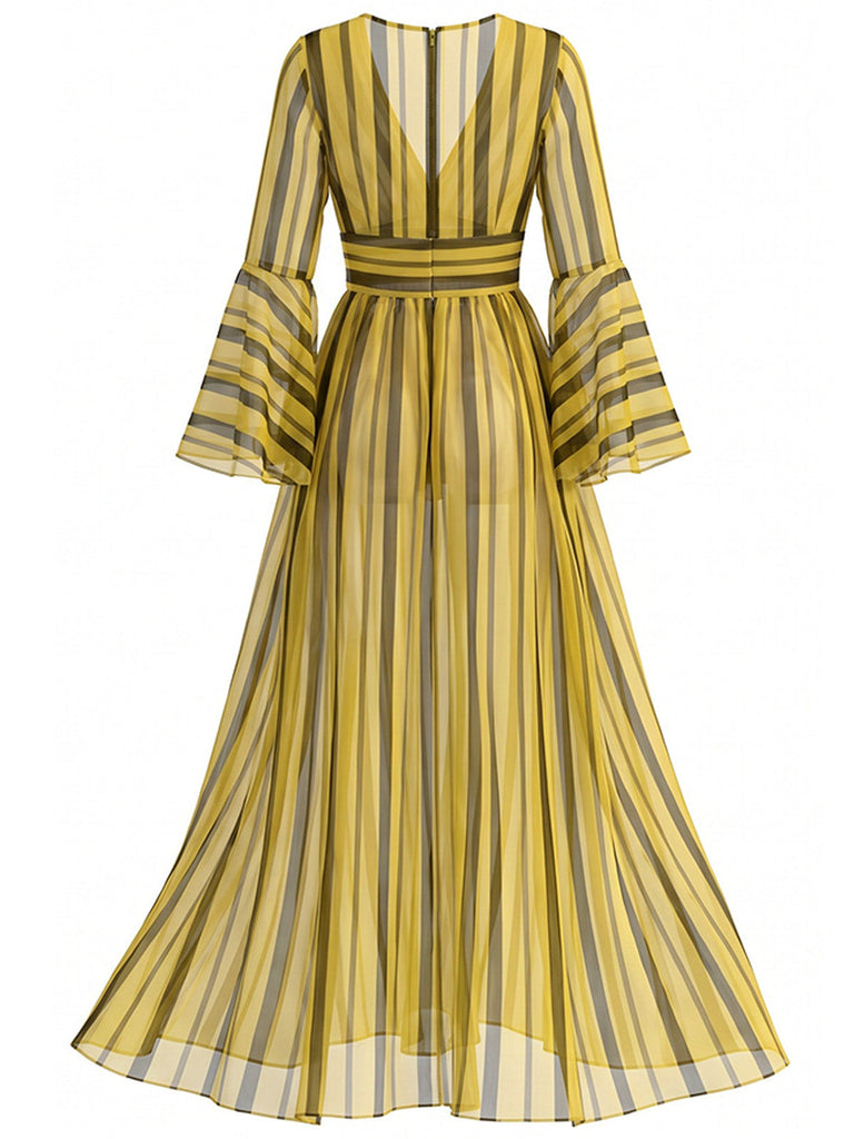 [Pre-Sale] Plus Size Yb 1980s V Neck Striped Patchwork Dress 3