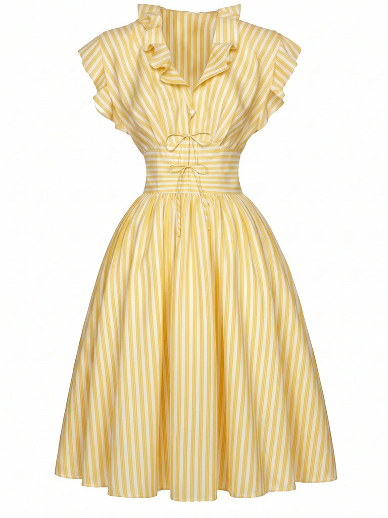 Hellgelbes 50er Kleid mit Rüschen und Taillenbinde