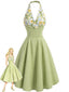 [Vorverkauf] Grünes 50er Swingkleid mit Blumenpatchwork und V-Ausschnitt