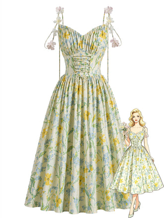 50er Baumwoll-Swingkleid mit Blumen und Schnürung