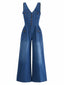 60er Denim-Jumpsuit mit V-Ausschnitt und geradem Bein