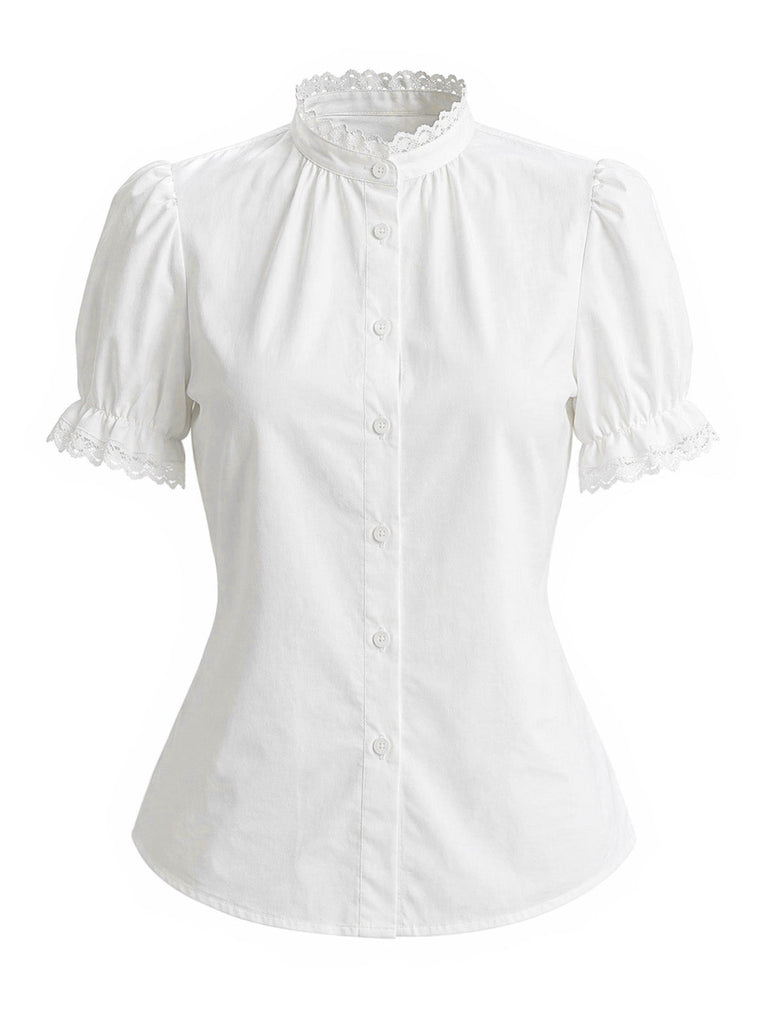 Weiße 50er Bluse mit Patchwork und Puffärmel