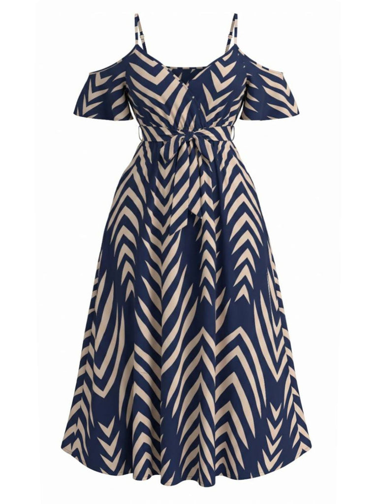 [Übergröße] Marineblaues 50er Cold-Shoulder Midikleid mit Taillenbinde