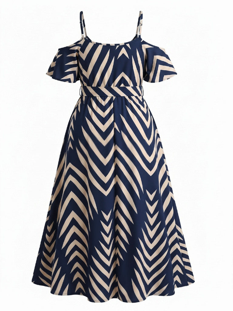 [Übergröße] Marineblaues 50er Cold-Shoulder Midikleid mit Taillenbinde