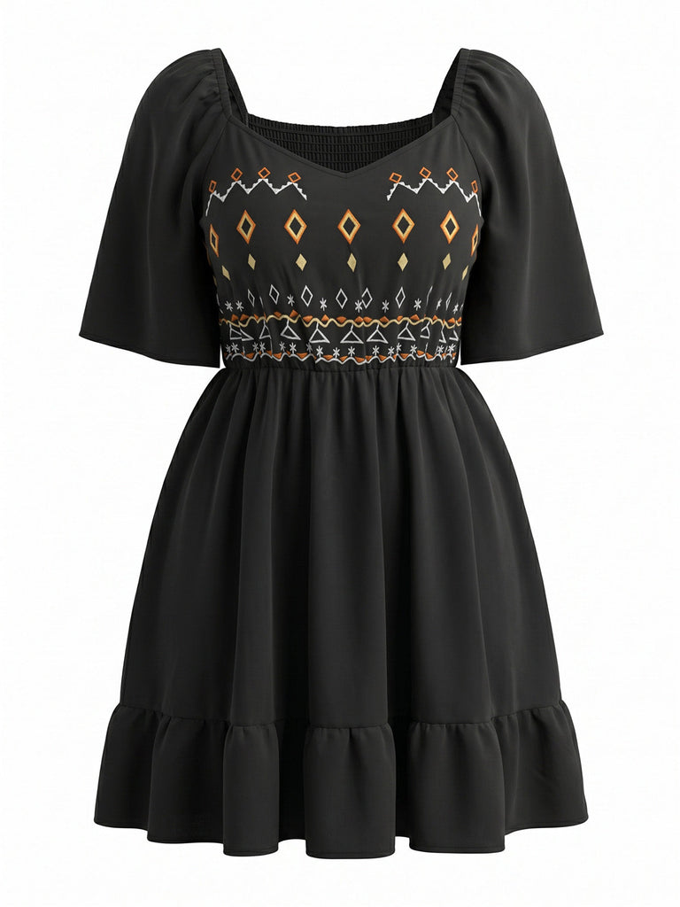 [Übergröße] Schwarzes 60er Minikleid mit Puffärmel und Stickerei