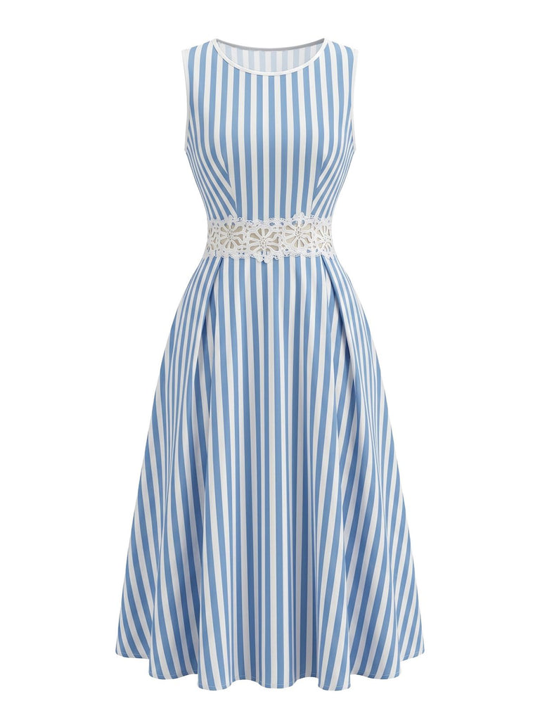 Weißes & Blaues 50er Ärmelloses Kleid mit Cut-out und Spitze