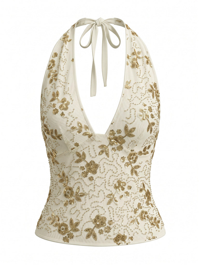Beige 60er Top mit Neckholder und Pailletten
