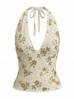 Beige 60er Top mit Neckholder und Pailletten