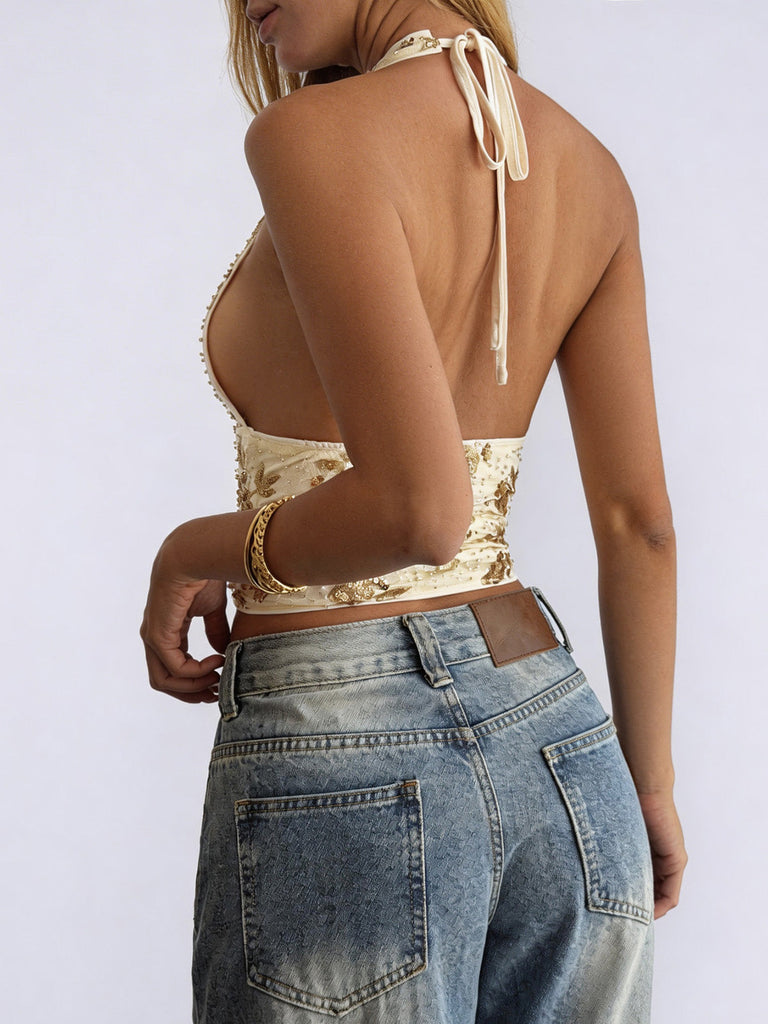 Beige 60er Top mit Neckholder und Pailletten