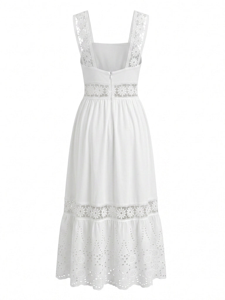 Weißes 70er Boho Midikleid mit Stickerei und Ösen-Stickerei