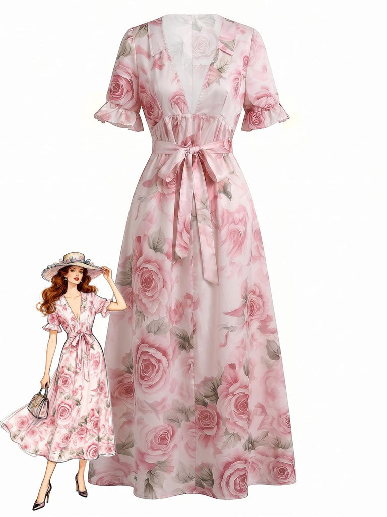 Rosa & Rosa 30er Midikleid mit V-Ausschnitt und Rüschen