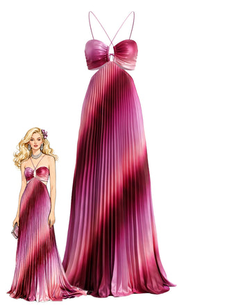 Rosa 80er Boho Plisséekleid mit Neckholder und Ombre