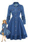 Blaues 50er Jeans-Hemdkleid mit Reverskragen und Knopfleiste