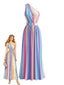 30er One-Shoulder-Maxikleid mit Regenbogenstreifen und Schlitz