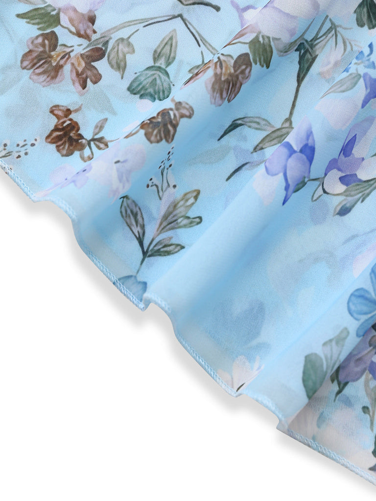 Hellblaues 50er Maxikleid mit Aquarellblumen